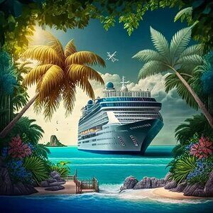 Luxury Yacht, Palm Trees & Beach Scene Diamond Painting Kit #117